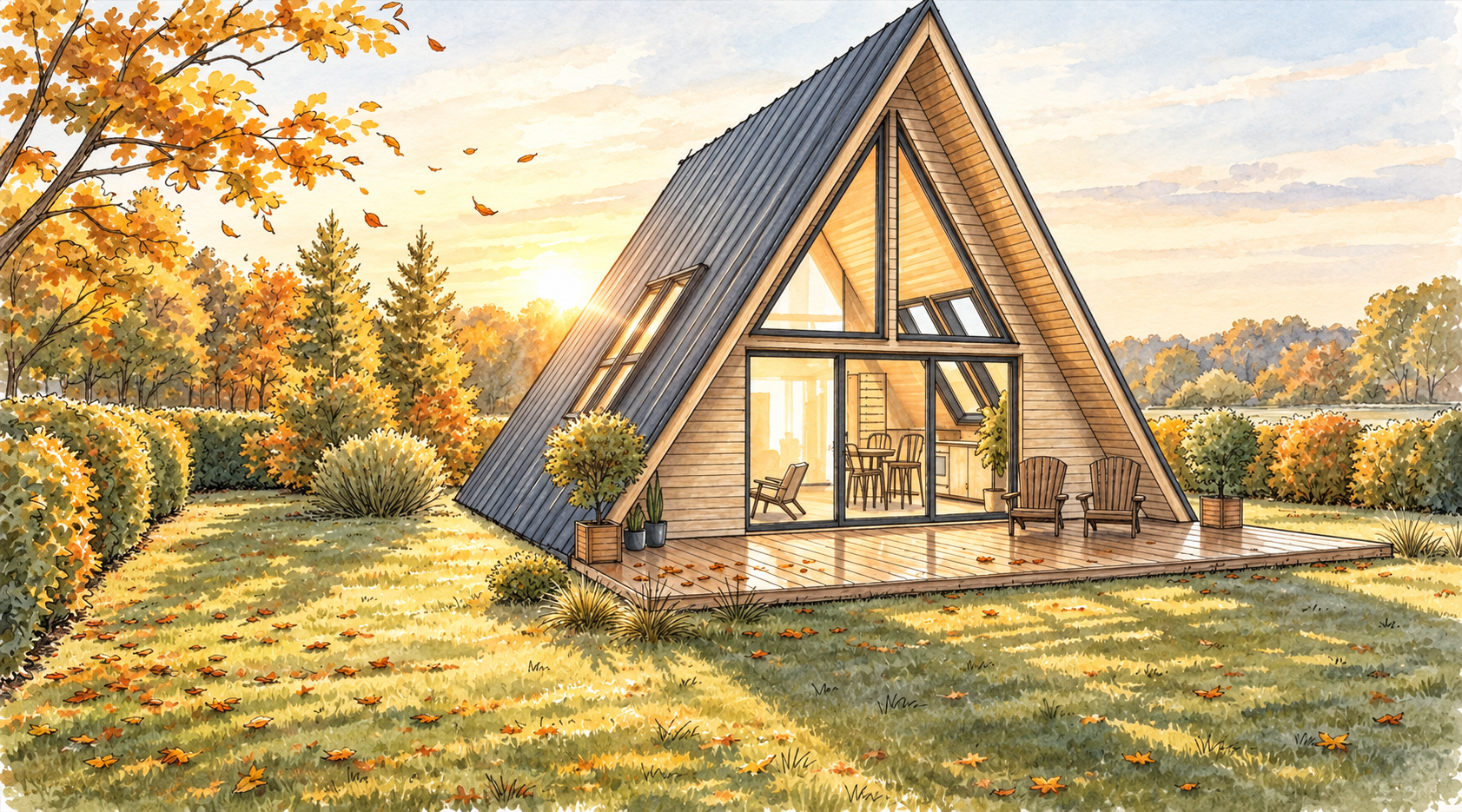 Dessin architectural d’un habitat en A intégré dans son environnement